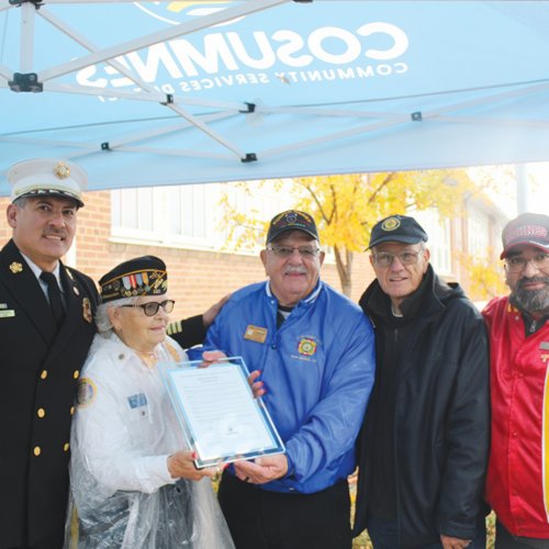 11-11-24 - Posted by Henry Sanchez - From left to right: American Legion commanders Felipe Rodriguez, D'Ann Moseley, Mike Retzlaff, Larry Sahota and Frank Rositas are celebrated at the 2024 Elk Grove Veterans Dav parade. Photo by Emanuel Espinoza.