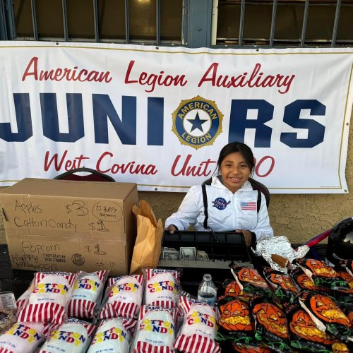 11-2-24 - Post by Maureen O’Brien Sacco - ALA Unit 790 West Covina CA junior member Olivia spent her fourth year in a row giving up her Halloween to support the Junior Unit and all the causes the Senior Unit support!! Between the bake sale, candy apples, cotton candy, and popcorn Olivia donated over $200! We appreciate you Olivia and your hustle!!