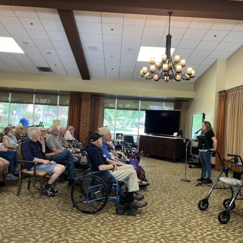 7-9-24 - Los Alamitos Unit 716 performing community service at Rowntree Senior Retirement Home with guest speaker Tara Reppert, retired Army SFC, who shared her stories with our veterans and their spouses.