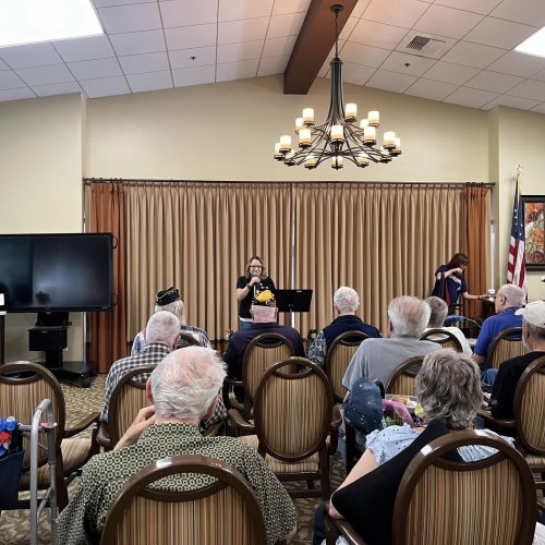 7-9-24 - Los Alamitos Unit 716 performing community service at Rowntree Senior Retirement Home with guest speaker Tara Reppert, retired Army SFC, who shared her stories with our veterans and their spouses.