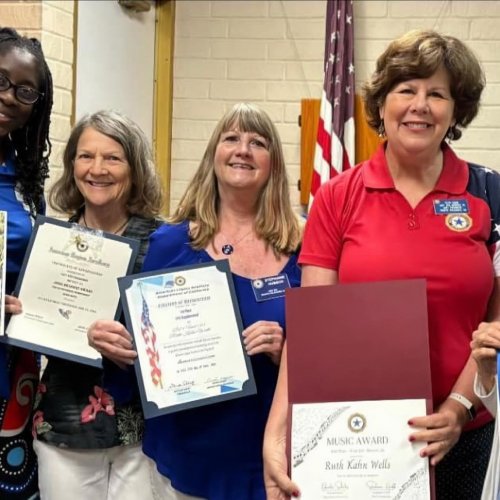 8-3-24 - Nekishia Lester-Spinner, Gina Jakel, Stephanie Hubsch, Ruth Kahn and Georgia Wagniere proudly display some of the Awards American Legion Auxiliary Unit 283 Pacific Palisades received from the American Legion Auxiliary Dept of CA for its programs during the 2023-2024 year. Shown are our Awards for Americanism, Membership, Music, among others.