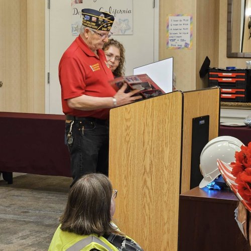 1-17-25 - DEC in Palmdale - V A & R Honor Flight presentation - Richard Hayes and Marci Velador discuss the Honor Flight they went on in October 2024. Marci presented Richard with a scrapbook of the trip.